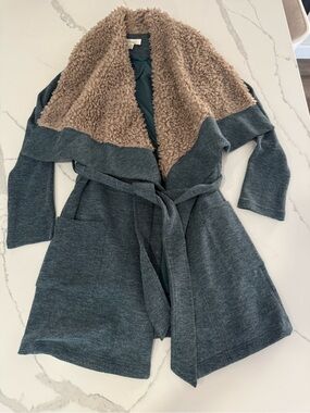 One The Land Teal Wrap Cardigan Faux Shearling Collar Sz M